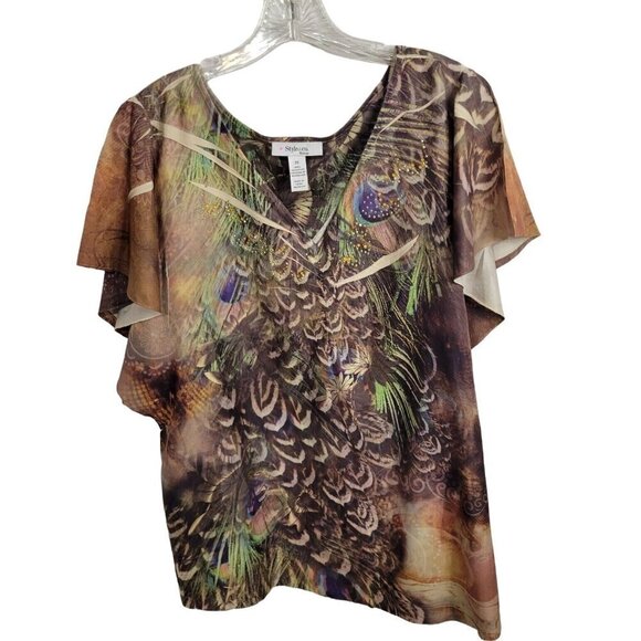 Style &‎ Co. Woman 2X multicolor embellished peacock casual relaxed fit top sexy - Picture 1 of 5